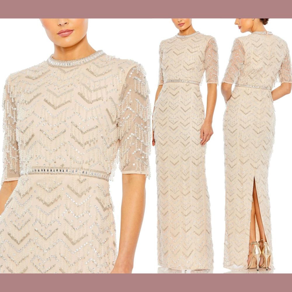 NWT $1198 Mac Duggal [ 6 ] 93804 Beaded Fringe Quarter‎ Sleeve Column Gown Nude